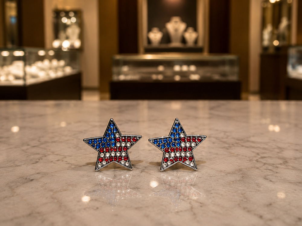 Patriotic American Flag Rhinestone Star Stud Earrings Silver Tone Red White Blue